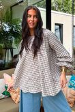 Nonni Gingham Bell Sleeve Peasant Blouse Mocha